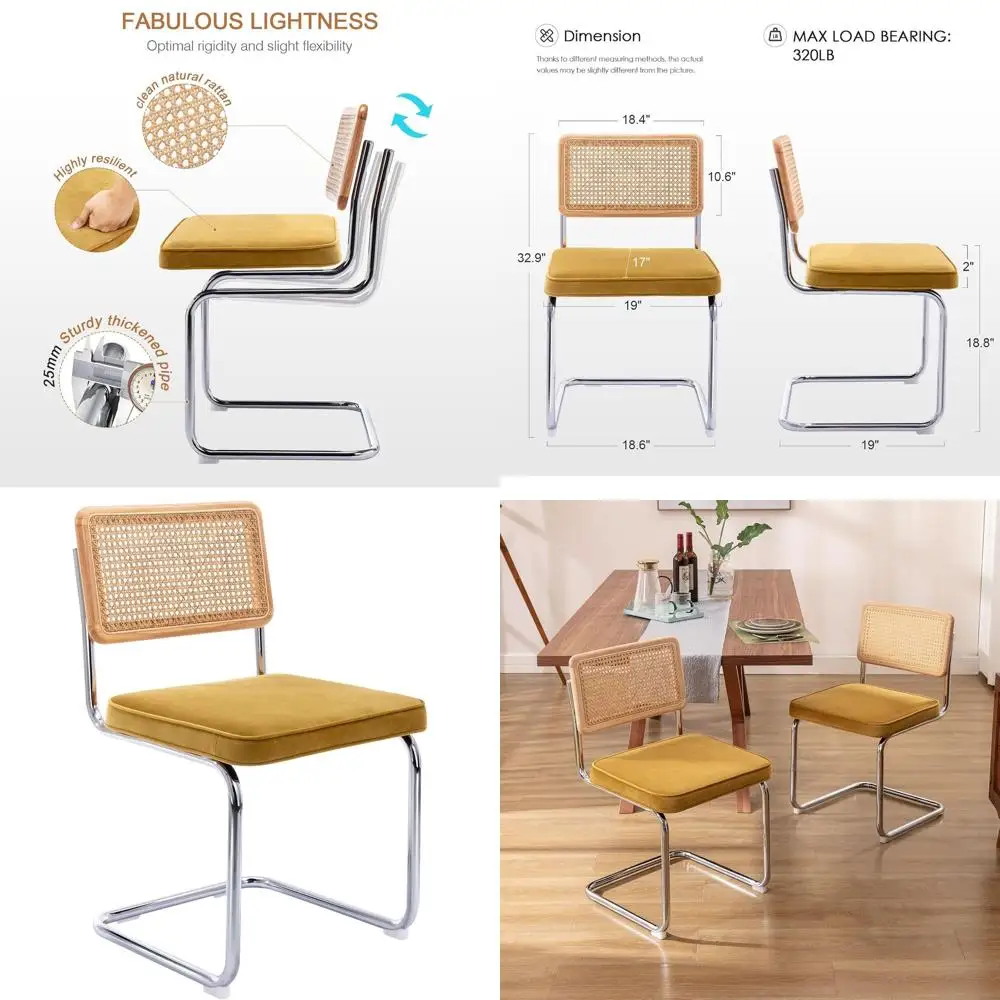 

Dining Chairs Set o 4, Natural Rattan Accent Chairs with Solid Wood Back & StainlChrome Base, Century ern Breuer Design Inspired