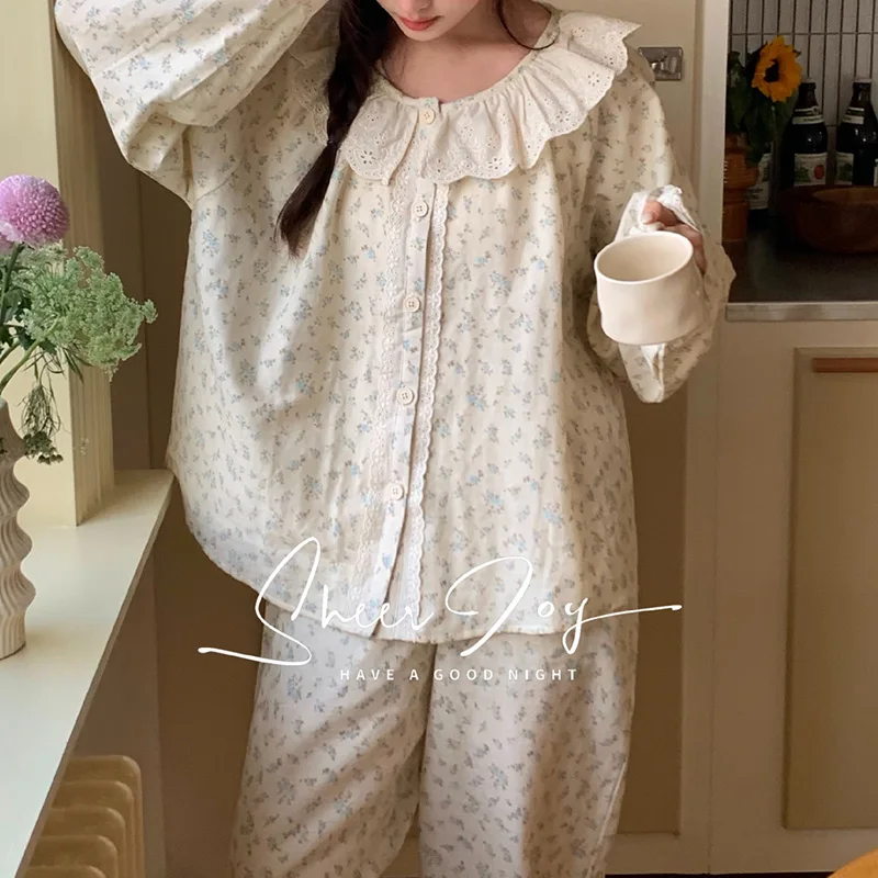 Lace Sweet Floral Pajamas 2 Pcs Sets Women's Spring Long Sleeve Pants Outward Home Clothes Set
