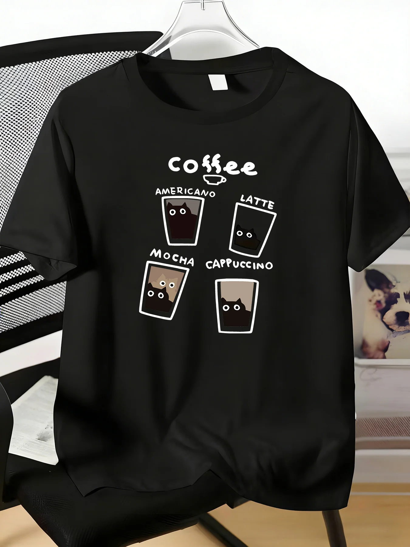 Men Round Neck Cotton Tee Funny Coffee Cup Black Cat Graphic Short Sleeve Summer Trendy Daily Casual Loose Fit Streetwear Top