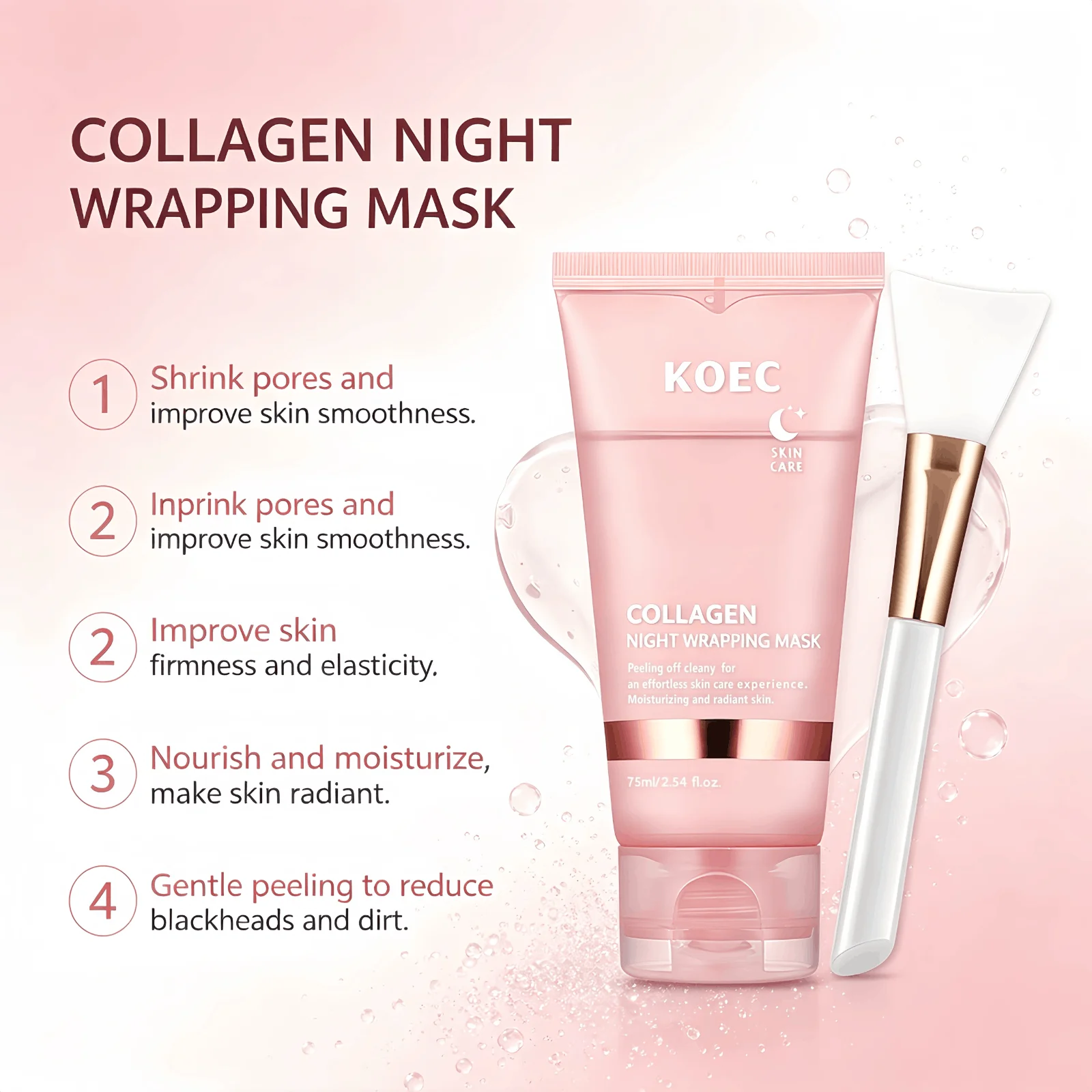 Collagen Peel Off Night Wrapping Mask, KOEC Hydrating Overnight Sleeping Facial Mask with Applicator Brush, Deep Collagen Moisturizer, Revives Dull Skin, Clean Peeling Skincare Mask for Smooth Radiant Complexion