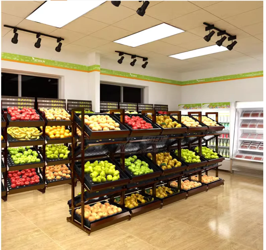 Fruit shelves, convenience stores, vegetable racks, mini steel double-sided fruit store display racks, exhibition racks