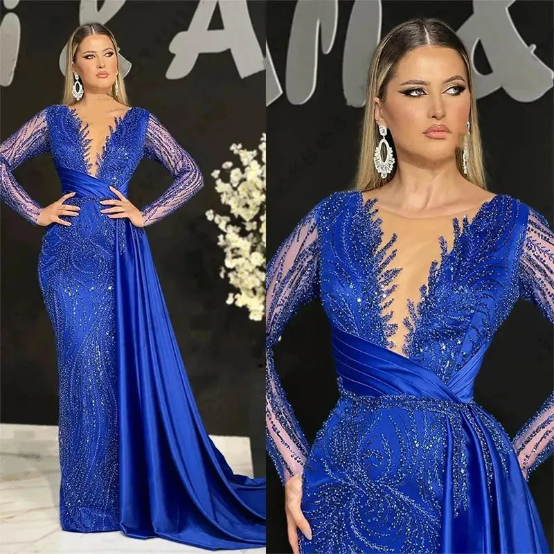 Luxury Navy Blue Satin O-Neck Evening Dresses For Women Exquisite Beading Applique Sexy Deep Long Sleeves Prom Gowns