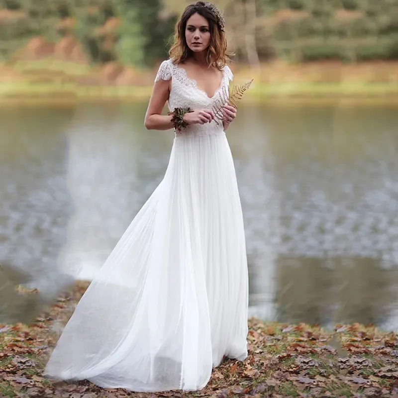 

Summer Boho Beach Wedding Dresses Deep V Neckline Cap Sleeves Chiffon Wedding Gowns for Bride 2023 Plus Size Vestido de Novia