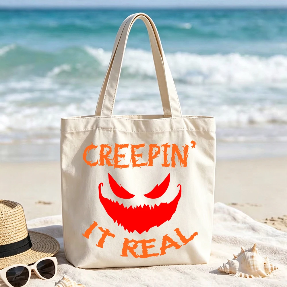 Happy Halloween Canvas Tote Bags Personalized Custom Logo Cute Ghost Pumpkins Grocery Shopping Bags for Women Girls Spooky Gifts