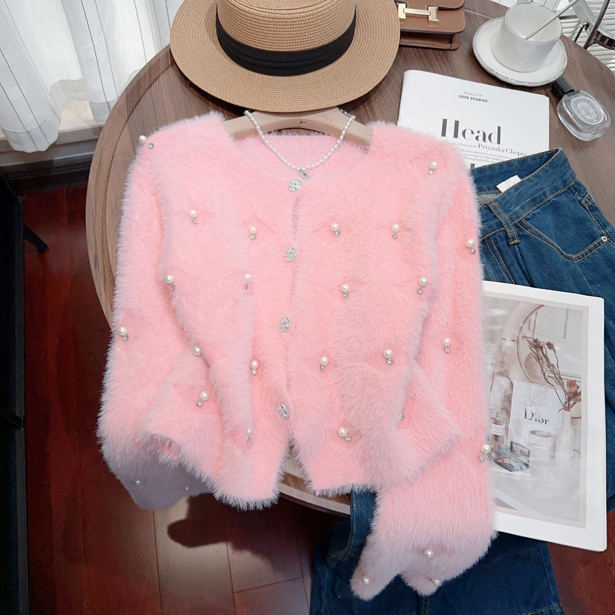 Diamonds Pearls Sweater Cardigan For Women Mink Knit Knitwear Tops Autumn Winter Long Sleeve Single-breasted Jumpers Coats 2024