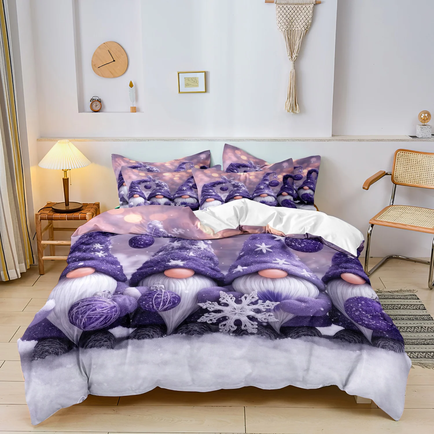  3Pcs Purple Snowy Gnome Tomte Nisse Print Duvet Cover Bedding Set, Winter Snow Gnomes With Knitting Yarn Balls Print Bedding