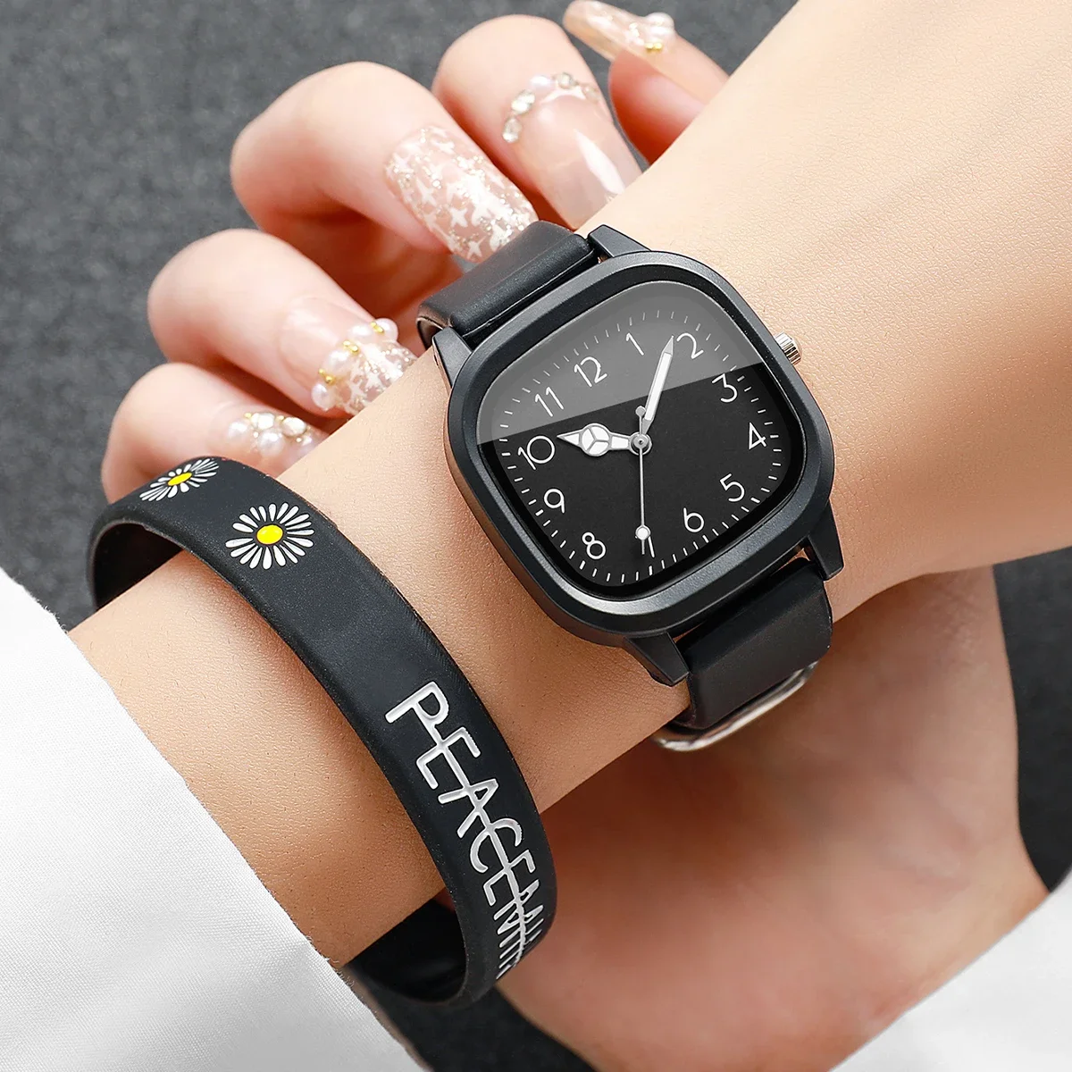 2PCS Fashion Square Women Watches Bracelet Bangle Set Casual Silicone Strap Ladies Quartz Watch Reloj Mujer (Without Box)