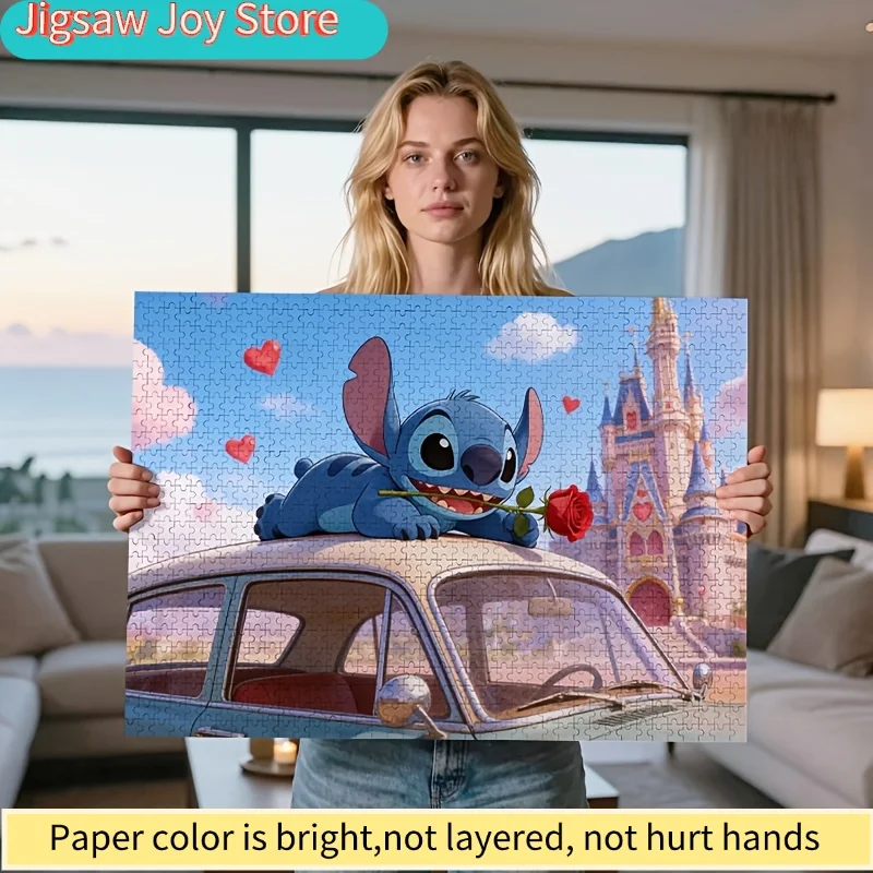 

2D Flat, Disney Stitch Car Puzzle, 1000pcs Red Rose Castle, Valentine's Day Cute Gift, Stitch Decor Jigsaw, Romantic Activity