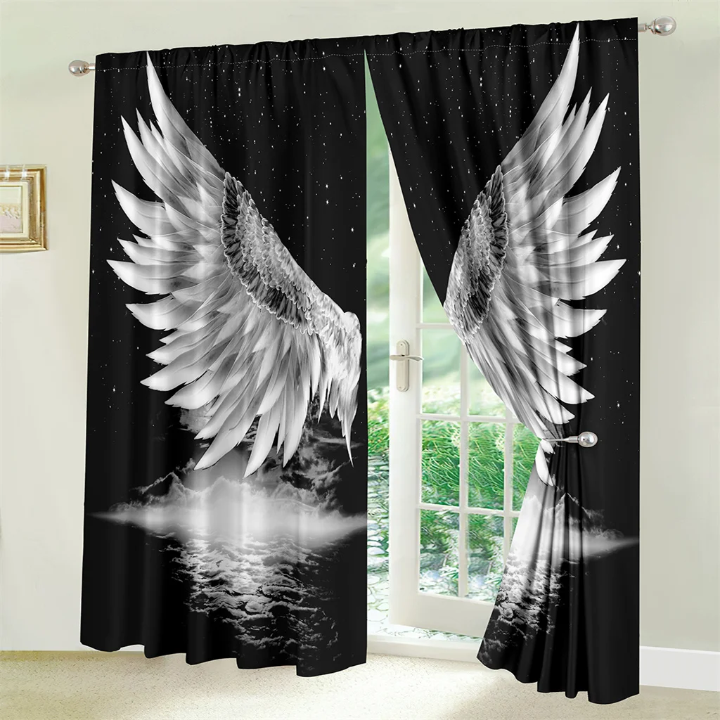 2pcs Black Art Window Curtains Angel Wings And Stars Room Decor Drapes Window Treatments For Bedroom Living Room Office Home Dec