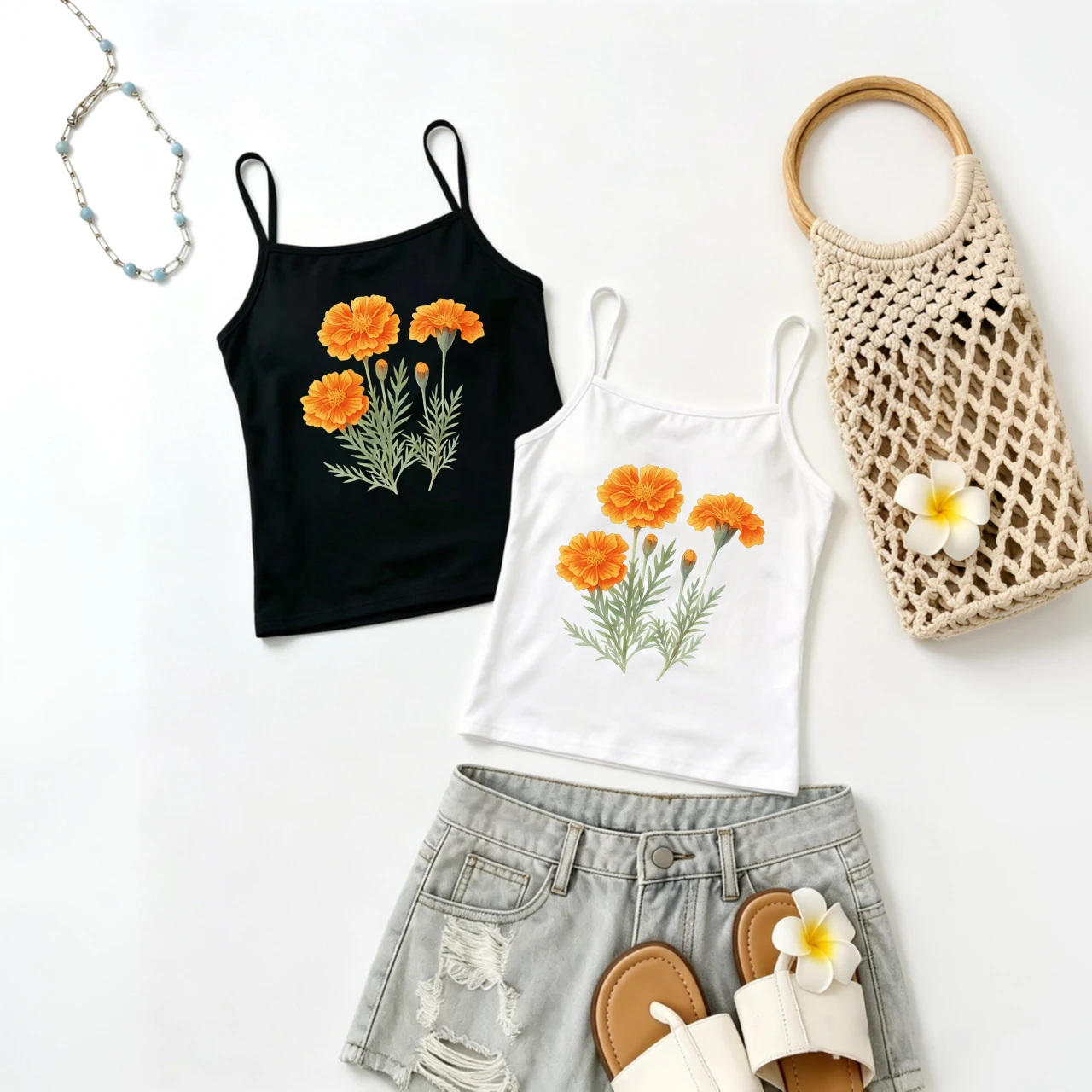 Marigold Flower Camisole Women Botanical Floral Print Tank Tops Gardening Club Eco Resort Vacation Summer Picnic Apparel