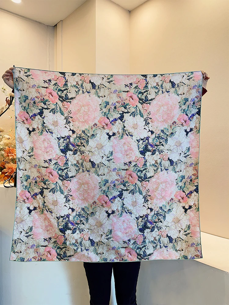 Pink 90cm Silk Scarf Mulberry Square Hem Roll Shawls Luxury Designer Bandana Silk Twill Flower Print