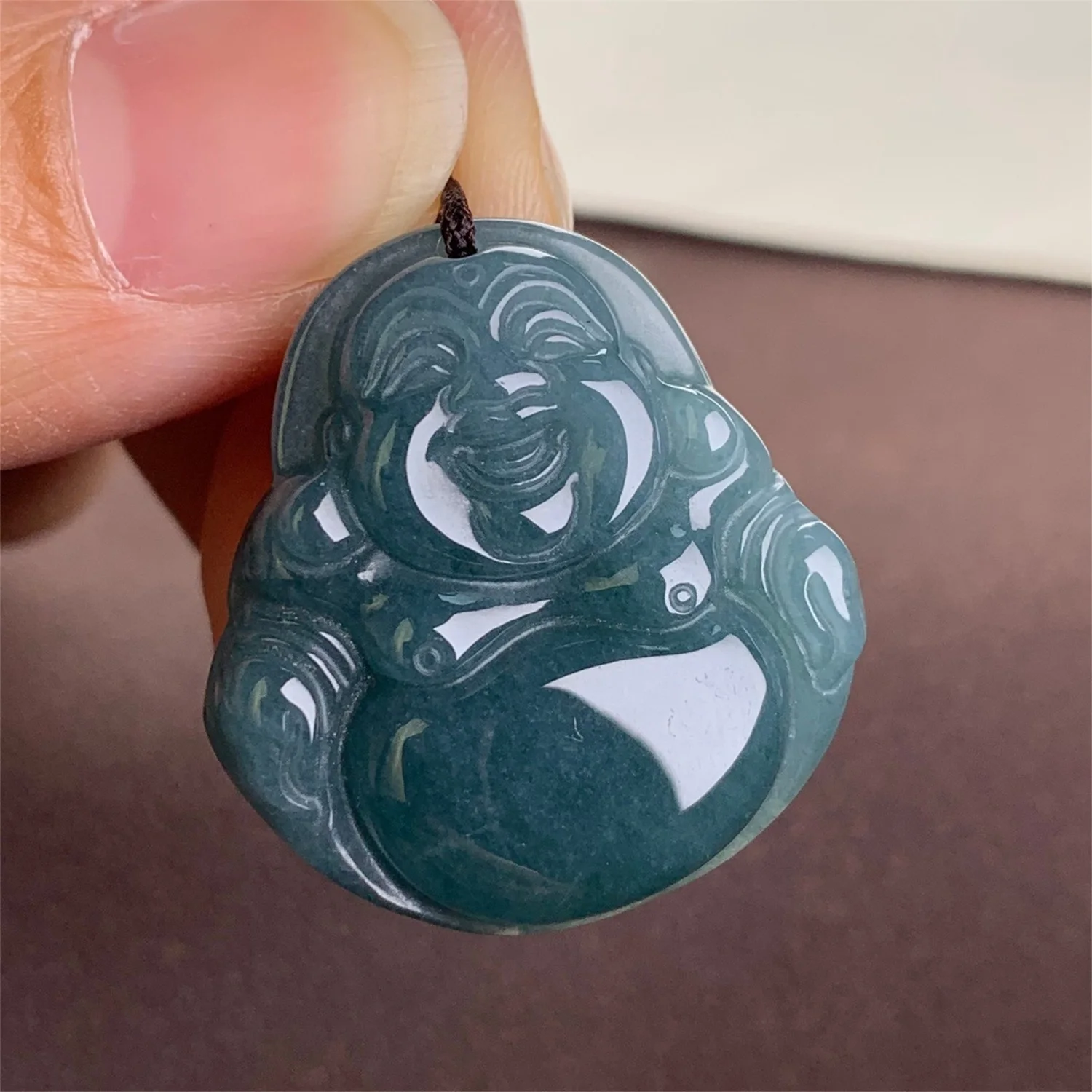 Certified Natural Guatemalan Jadeite Dark Green Laughing Buddha Necklace Hand Carved Type A Untreated Jade Pendant Amulet