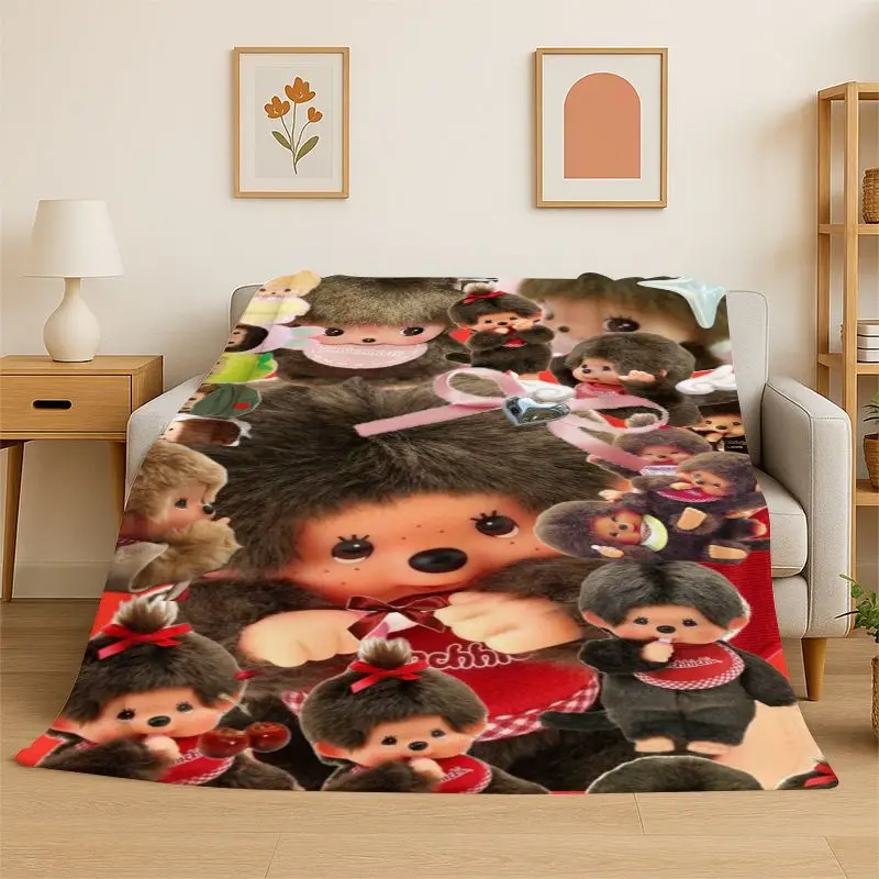 HD M-Monchhichi Cute Cartoon Monkey Holiday Flannel Blanket Soft Throw Blanket for Bedroom Living Room Bed office Picnic Gift