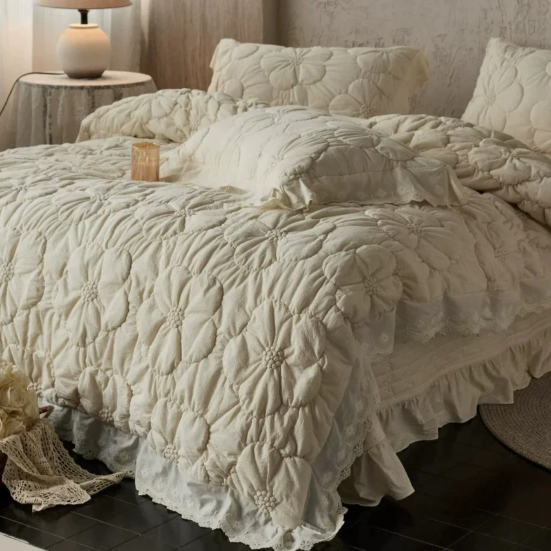 Bedroombed Floral Multifunctional Duvet Cover 4piece Set Cotton Linen Blend Thickened Cotton Padded All Cotton Bed Cover Bedding