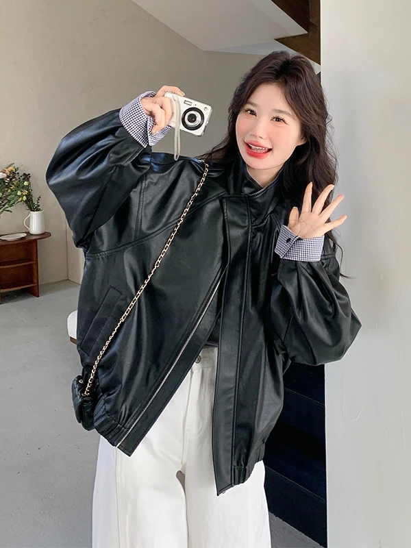 

Bla Stand Collar PU Leather Jaet ort Sle Women's Faionable Cool 2025 New Arrival Spring Commute Wind Coat