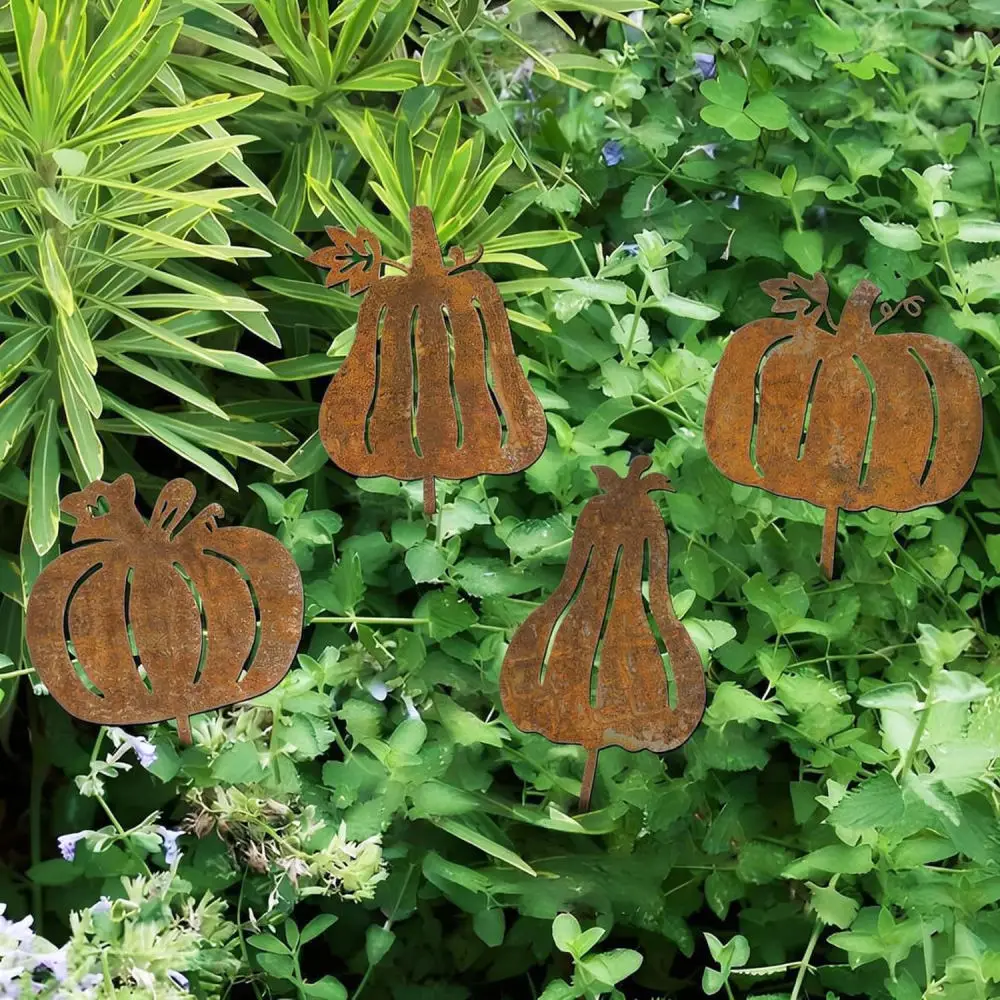 Rustic Pumpkin Metal Garden Stakes Outdoor Autumn Decoration Yard Art Lawn Ornament Decorative Plant Stake Accessory