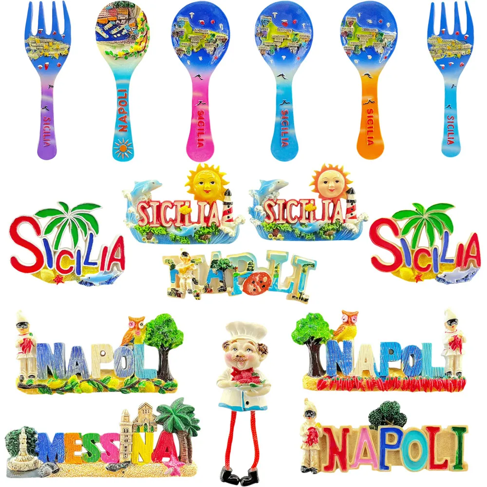 Sicilia magnet, fork spoon souvenir, 3D landscape decor, resin fridge ornament, Italy gift, magnetic decor, travel collectible