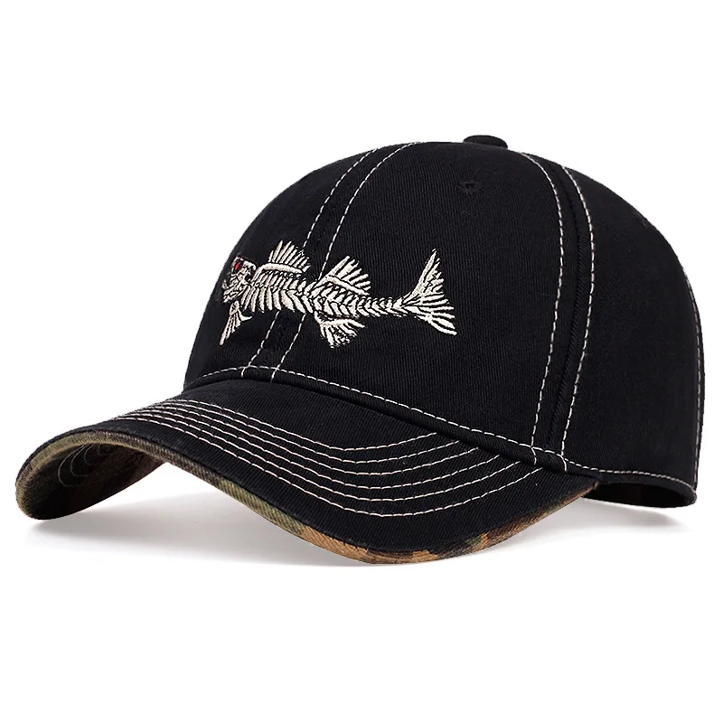 Embroidered fishbone baseball cap, summer outdoor sports sun protection cap, sun visor cap, casual duckbill cap