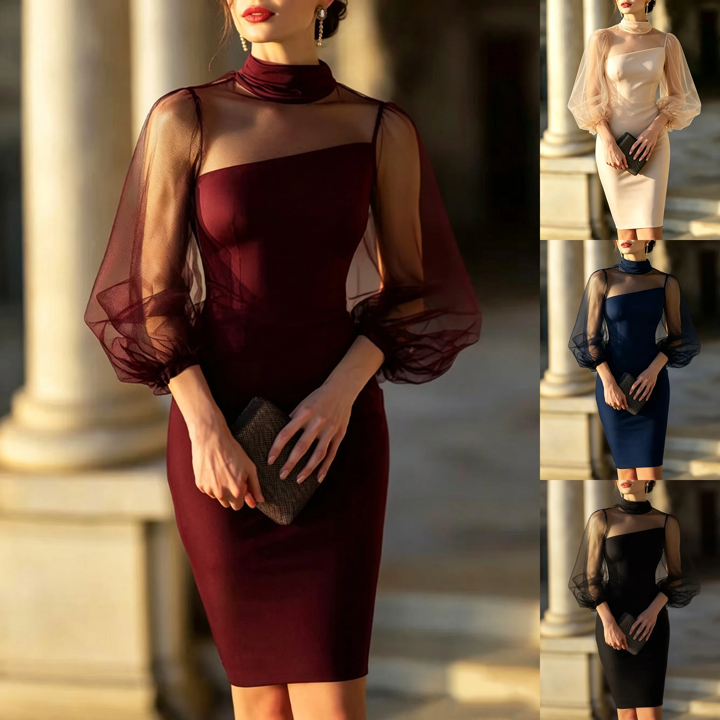 Modische Patchwork-Kleider für Damen, schmal geschnitten, mit Schlitz, Stehkragen, figurbetontes Kleid, Damenkleid, Sommerkleid für Damen – Detail 2