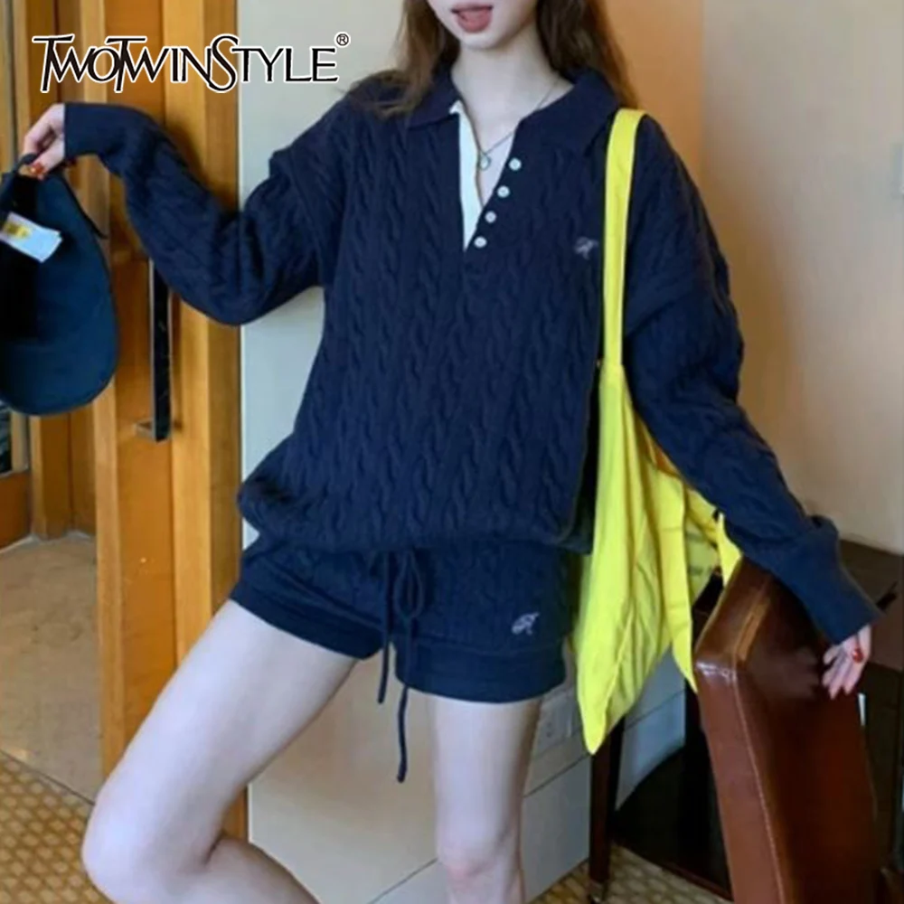 

TWOTWINSTYLE Navy Spliced Lace Up Two Piece Set Female Lapel Long Sleeve Basics Casual Women's Short Pants Set Summer Fashion