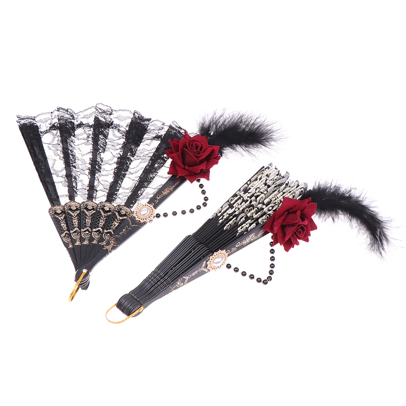 Lolita Fan Feather Rose ventaglio pieghevole stile europeo retrò placcato oro ventaglio a mano in pizzo femminile Tea Party Fans Wedding puntelli