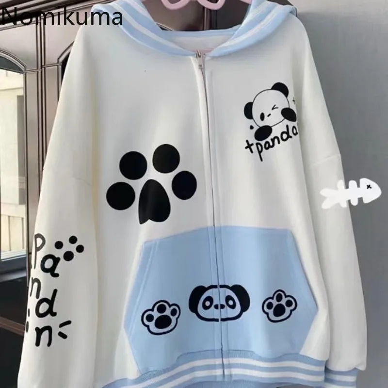 

2024 Ropa Mujer Japanese Sweatshirts Coat for Women Anime Print Zipper Sailor Collar Y2k Tops Fashion Casual Oversized Hoodie