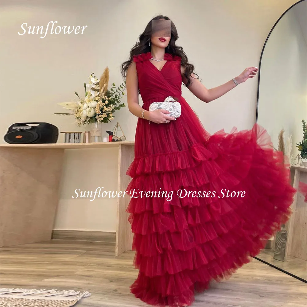 

Sunflower V-Neck Prom Gown A-LINE Evening Dress Slim Tiered Tulle Floor-Length Party Dress 2023 Spaghetti Strap Customed Dress