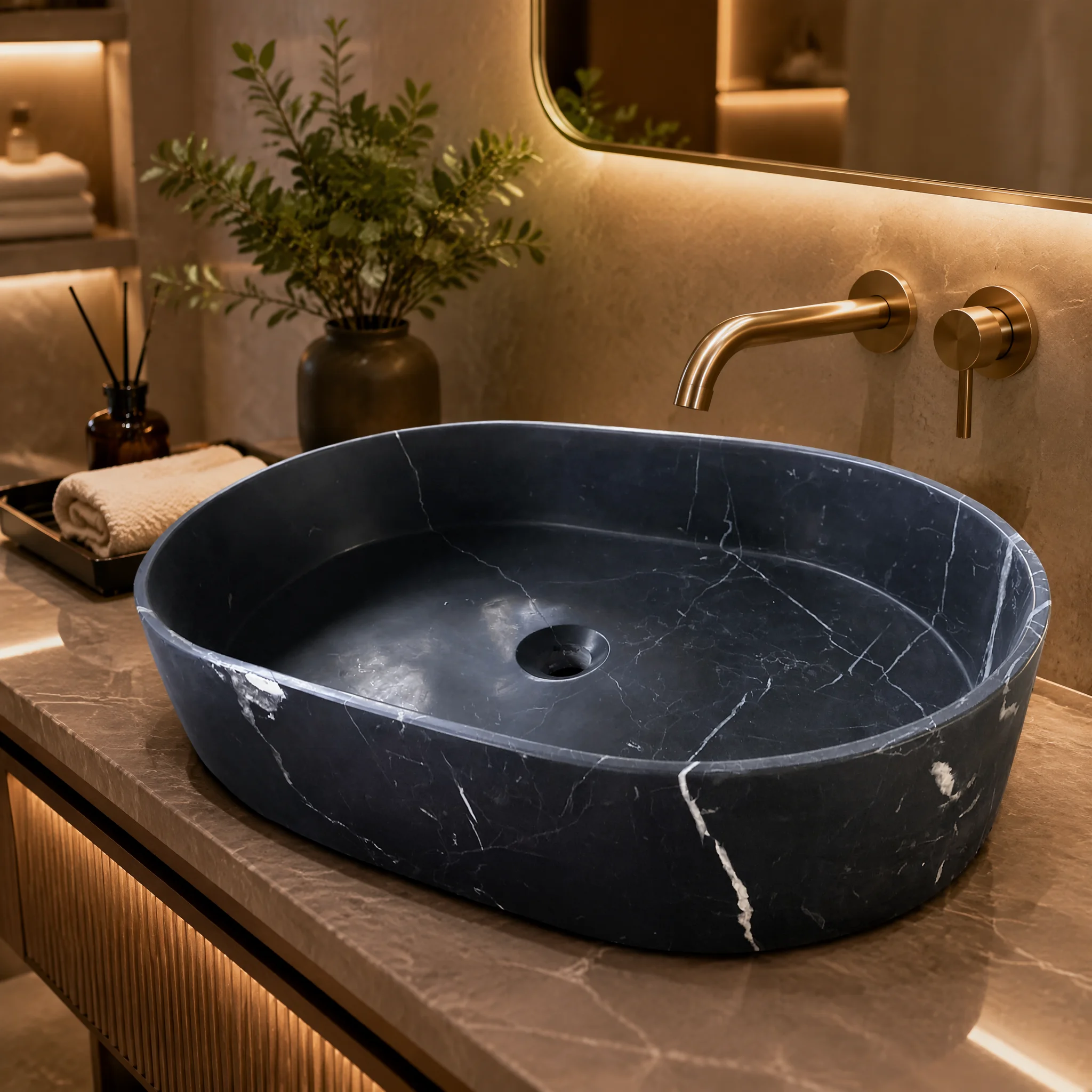#￥Cost Effective Maruqina Black Marble Vessal Sink Matte Oval Bathroom Washing Basins Custom for Villa Hotel Projects