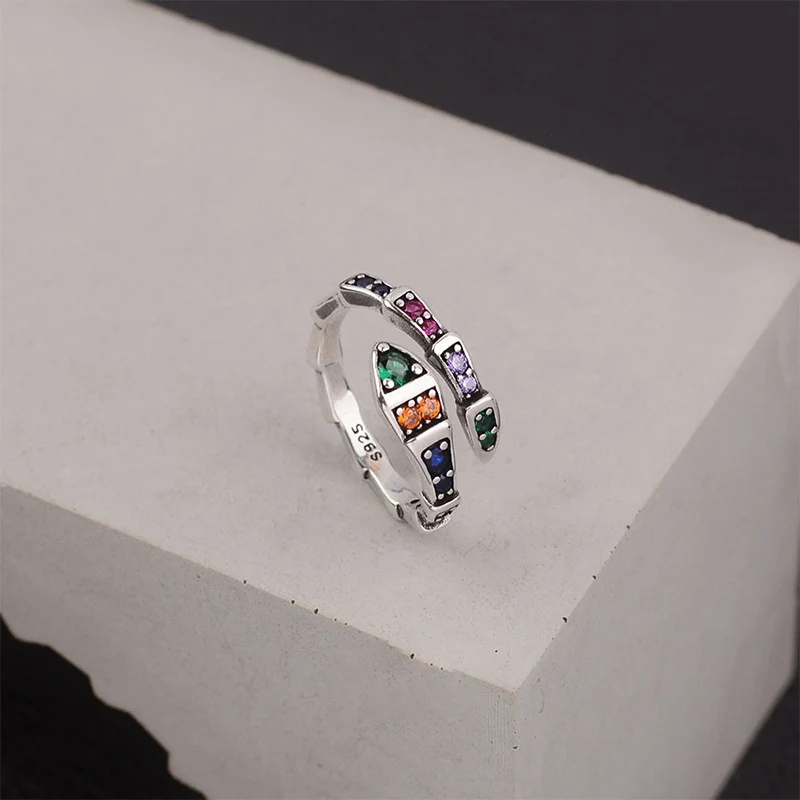 Foxanry Multicolor Zircon Snake Geometric Cuff Ring For Women Couples Vintage Trendy Creative Personality Birthday Jewelry Gifts