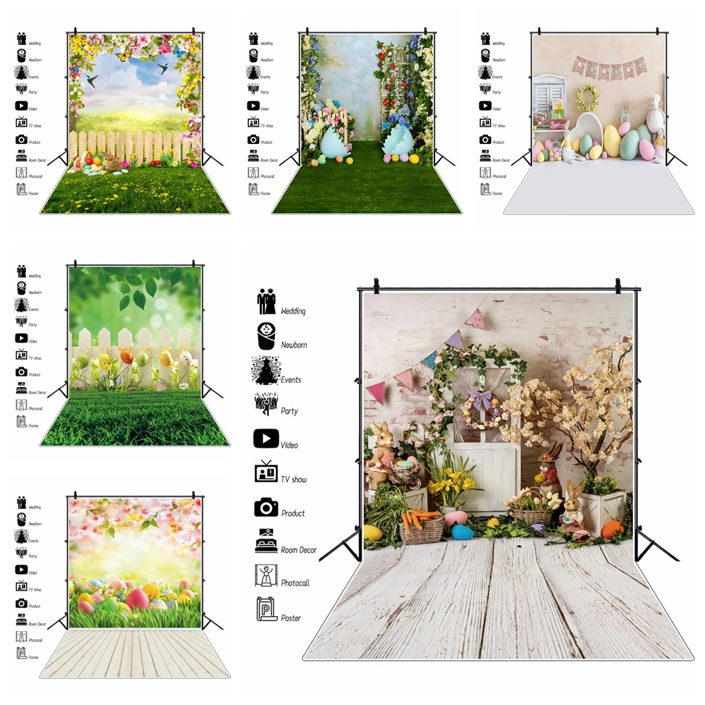 

Spring Easter Backdrop Eggs Bunny Flowers Grassland Wood Floor Baby Birthday Party Kids Portrait Photography Background Decor