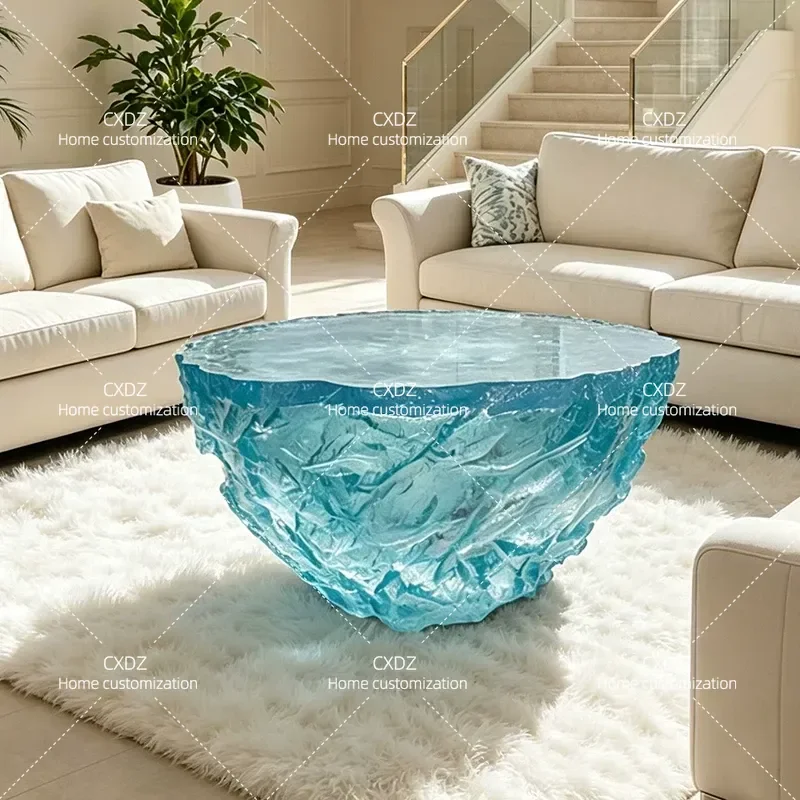 Modern Transparent Resin Coffee Table Round Tea Table with Luminous Edge Light Luxury Living Room Furniture for Home Villa