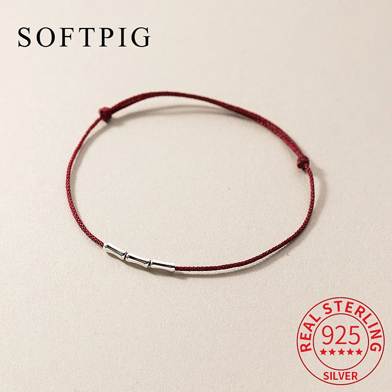 SOFTPIG Real 925 Sterling Silver Woven Hand Rope Bamboo Joint Charm Bracelet for Women Plant Fine Jewelry Minimalist Accessories