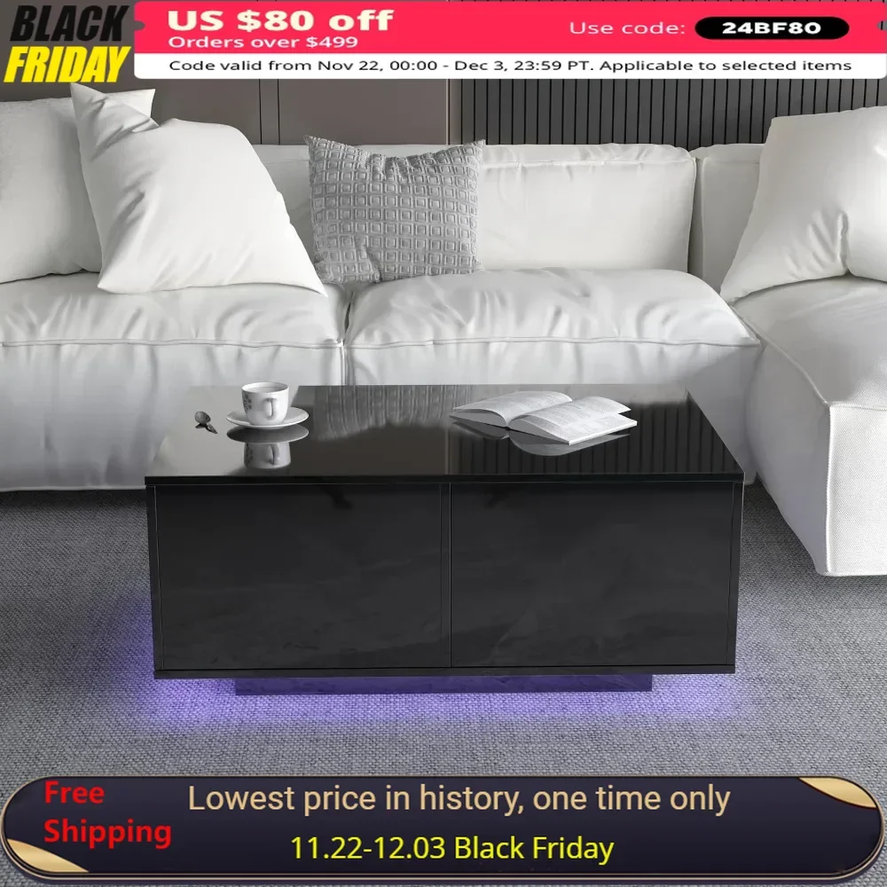 LED Coffee Table with Storage Drawers,Modern High Glossy Center Table with 20 Colors LED Lights for Living Room, Coffee Table