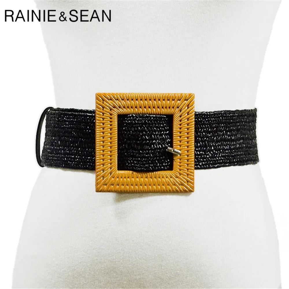 

Black Knitted Women Belt Vintage Ladies Belts for Dresses Female Brown Check Wide Big Square Buckle Braided Belts striped design