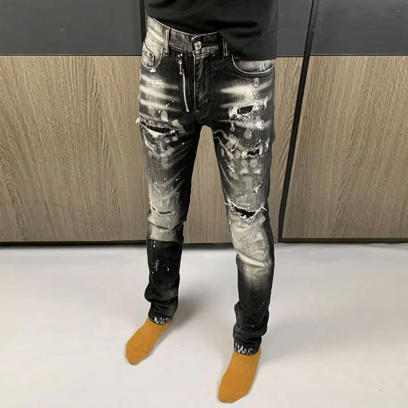 High Street Fashion Men Jeans Retro Black Gray Stretch Slim Fit Ripped Jeans Men Painted Designer Patched Hip Hop Brand Pants