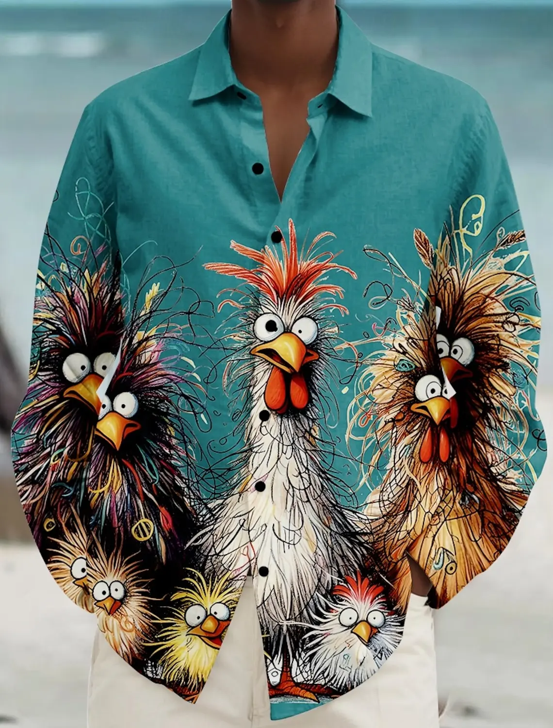 Divertente 3D Gallo Stampa Camicia a maniche lunghe da uomo Hip Hop Trend Street y2k Abbigliamento Moda Risvolto Camicie larghe Cardigan casual Top