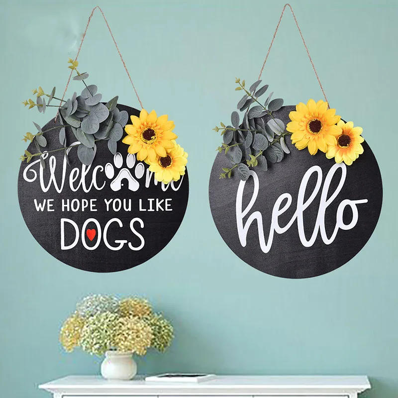 1 Pc American Country Style Wooden Welcome Door Sign Sunflower Bow Decoration Garland Home Door Ornaments Circular Pendant
