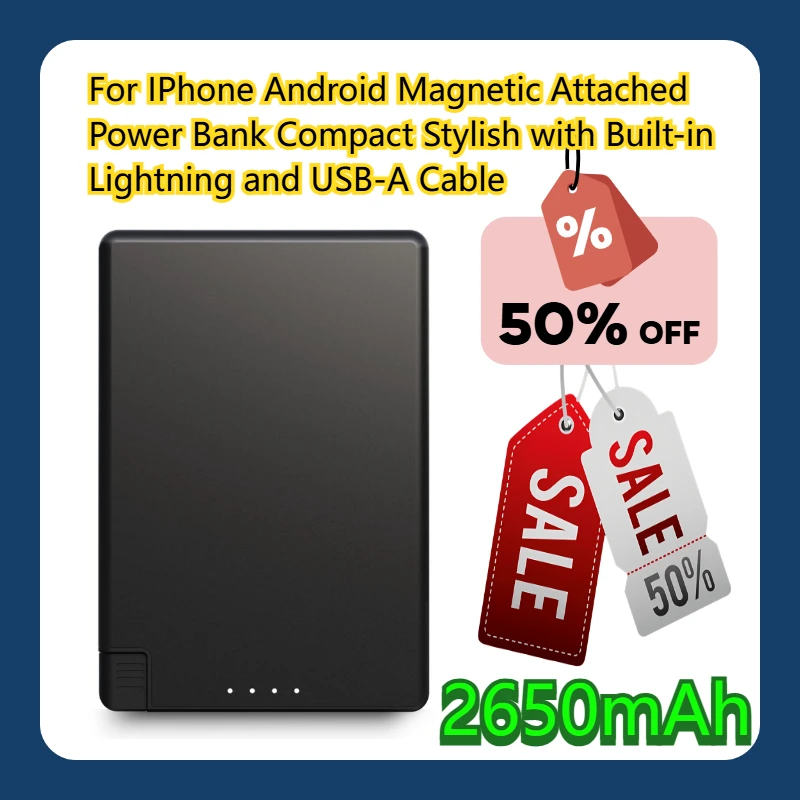 

For IPhone Android 2650mAh Magnetic Attached Power Bank Compact Stylish with Built-in Lightning and USB-A Cable