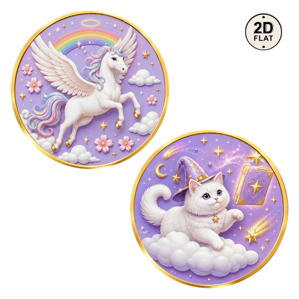 1pc Rainbow Winged Pegasus & Magic Wizard Cat Metal Commemorative Coin 2D Print Challenge Coin Fantasy Fairy Tale Gift for Women