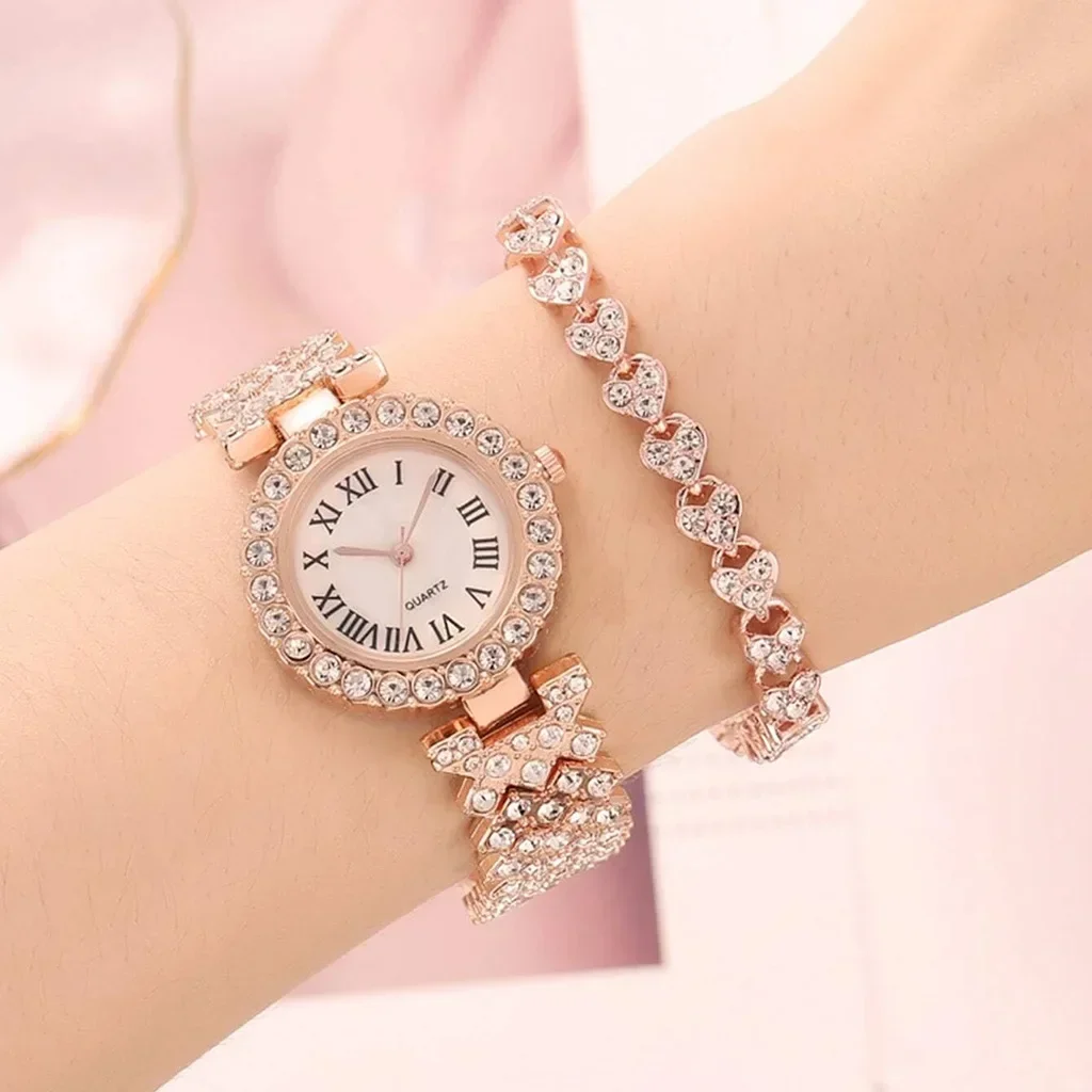 Fashion Luxury Full Crystal Watches Bracelet 2pcs Set for Women Rhinestone Wristwatch 손목시계 Female Bracelet Set Gift Reloj Mujer