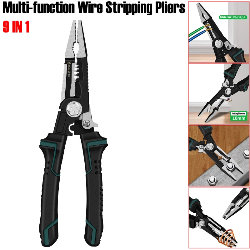 9 IN 1 Multi-function Wire Stripping Pliers Vise Cutting Crimping Terminals Curved Line Electricians Professional Hand Tools