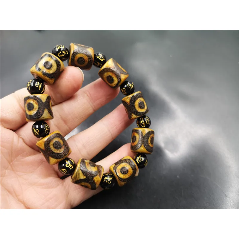 Vintage Old Tube Bead Men And Women, Tibetan Style Three-Eyed Agate Bracelet