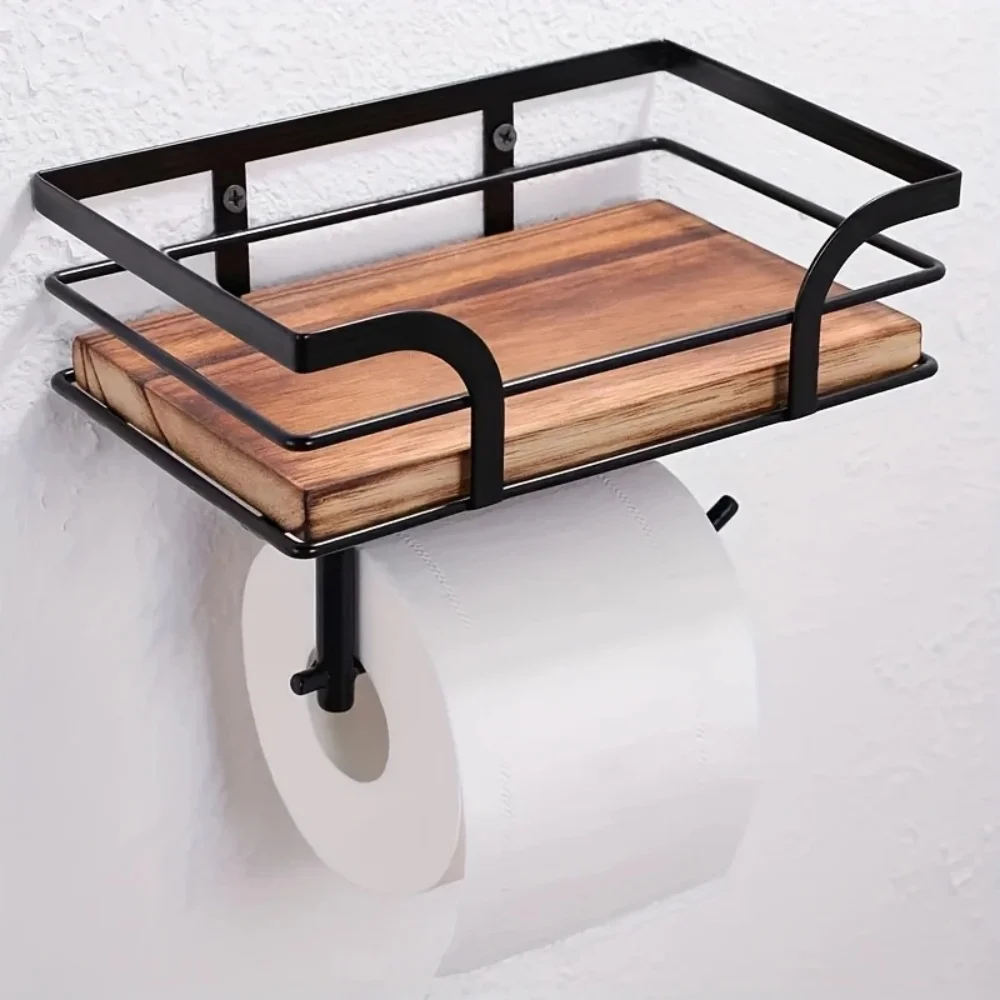 An der Wand montierter Gewebehalter aus geschmiedetem Eisen mit Aufbewahrungsregal aus recyceltem Holz – platzsparender Badezimmer-Organizer