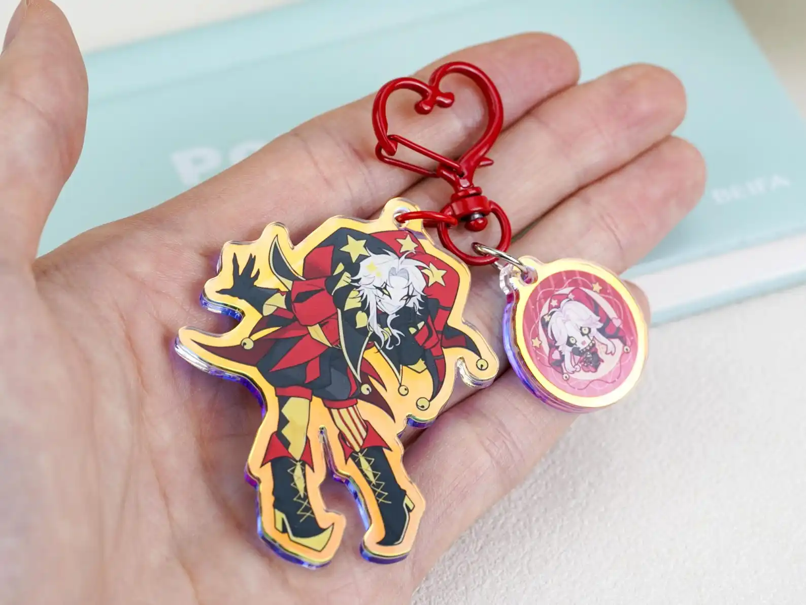 The Freak Circus Holographic Double Chain Acrylic Pierrot & Harlequin Joker Heart Clasp Keyring, Double Sided Anime Fan Charm
