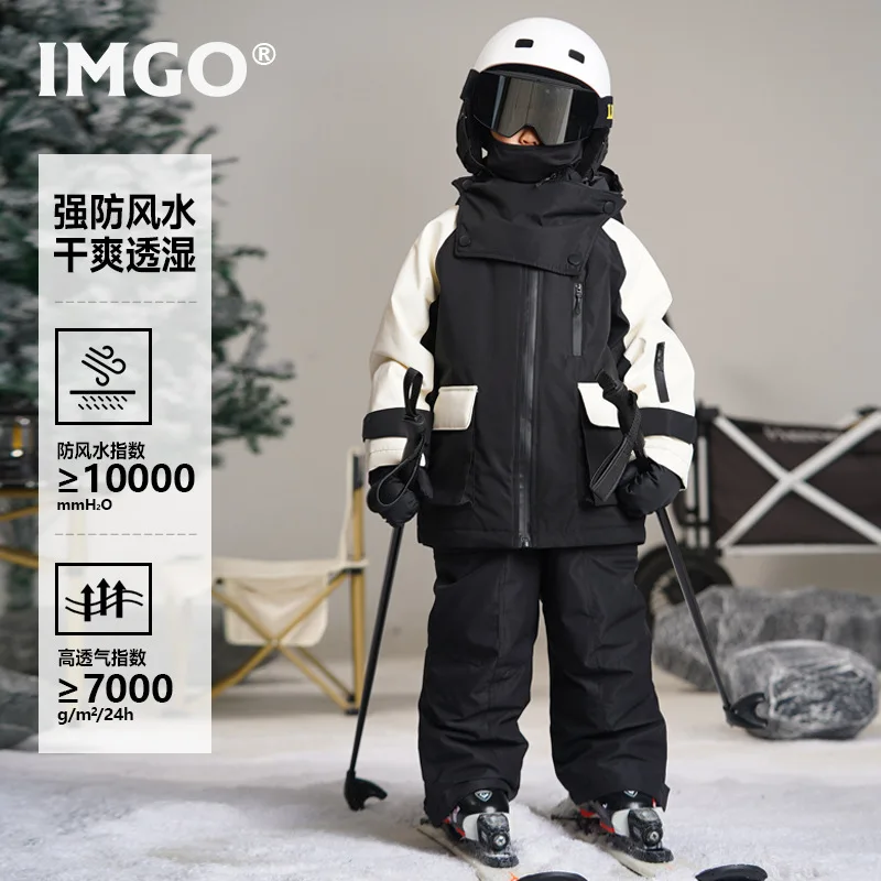 IMGO Professional Children's Ski Suit Black Cute Waterproof Windproof Thick Warm Kid's Outdoor Snow Clothing Snowboard Girl Boy