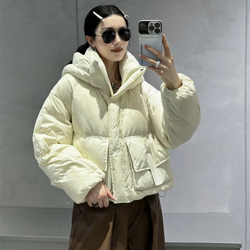 Short White Duck Down Jacket, Thickened Casual Warm Bread Clothing, Monochromatic Hooded Parker Coat, Autumn and Winter, New