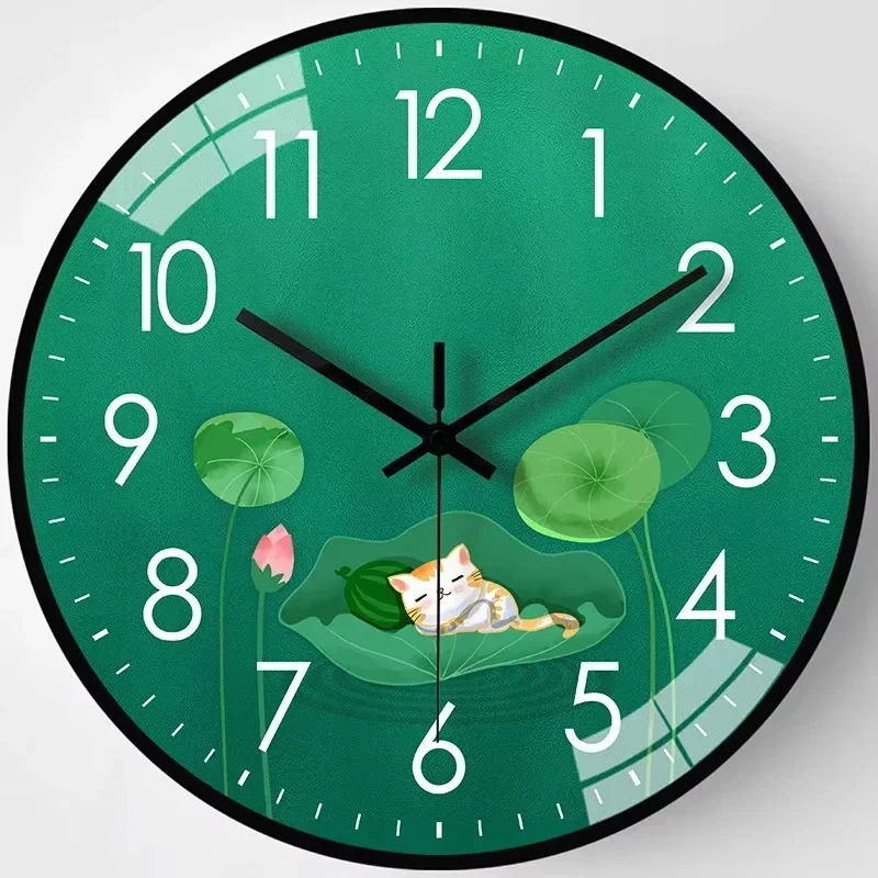 2025 New 10 Inch Nordic Creative Cute Cat Lotus Leaves Printing Wall Clock Simple Home Decor Wall-mounted Silent Quartz Clocks
