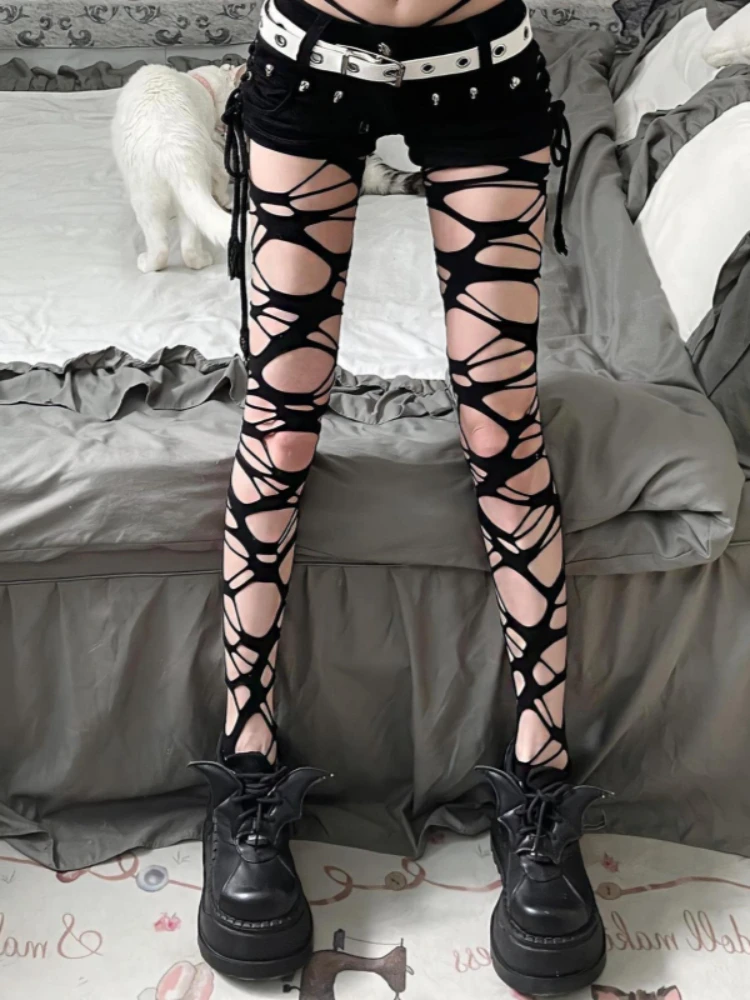 Schwarze Unregelmäßige Netzstrümpfe für Frauen Punk Gothnic Spicy Girls Subkultur JK Zerrissene Strumpfhose Mode Lolita Zerrissene Strümpfe
