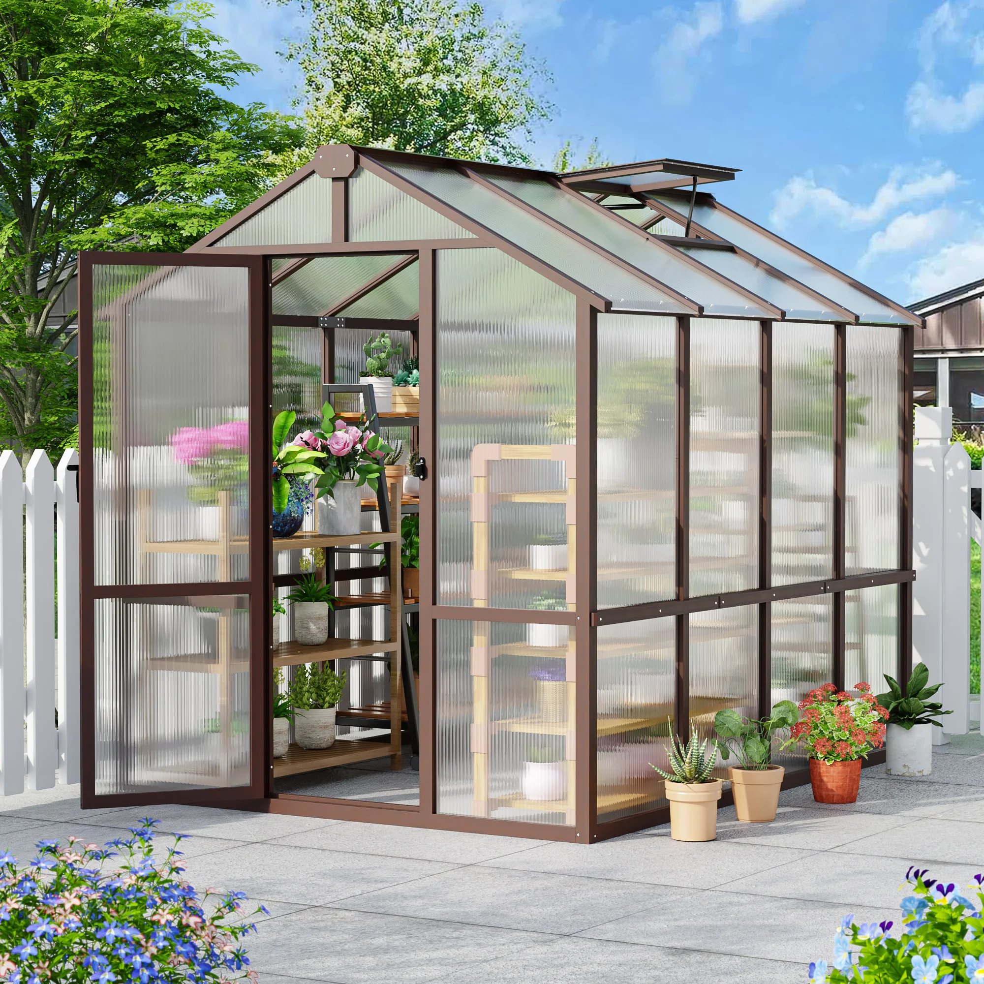 

VIWAT 6x8/6x12 FT Greenhouse, Wooden Polycarbonate Greenhouse w/ 6MM Thick PC Panel and Adjustable Roof Vents, for Garden Patio