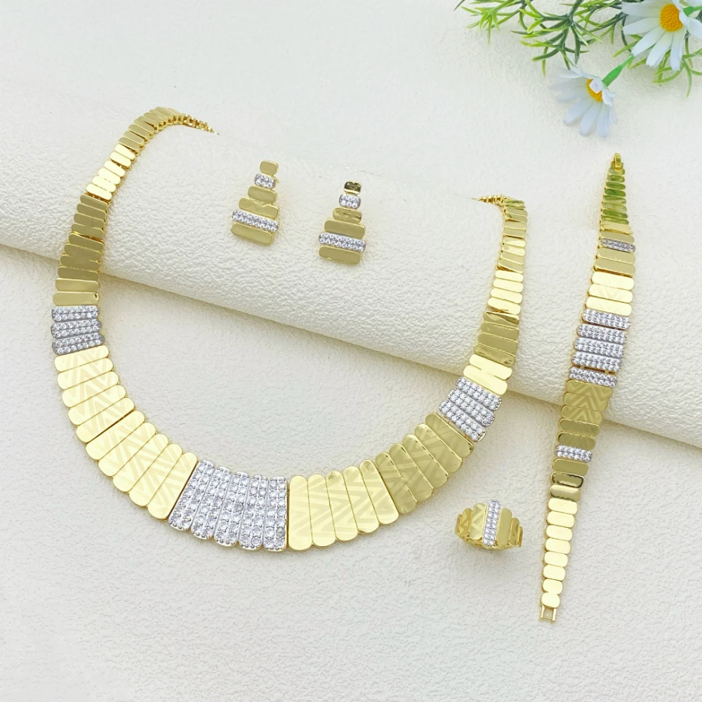 

Flora Fashion Wear Luxury Jewelry Set Artificial Zircon Bracelet Earrings Necklace Ring Gold Plated Brass with Minimalist Design